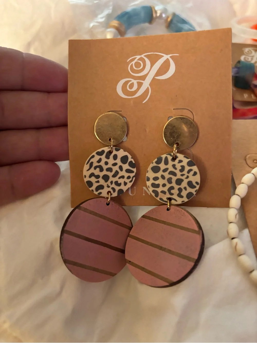 Plunder Pink Leopard & Striped Drop Earrings with Gold Discs